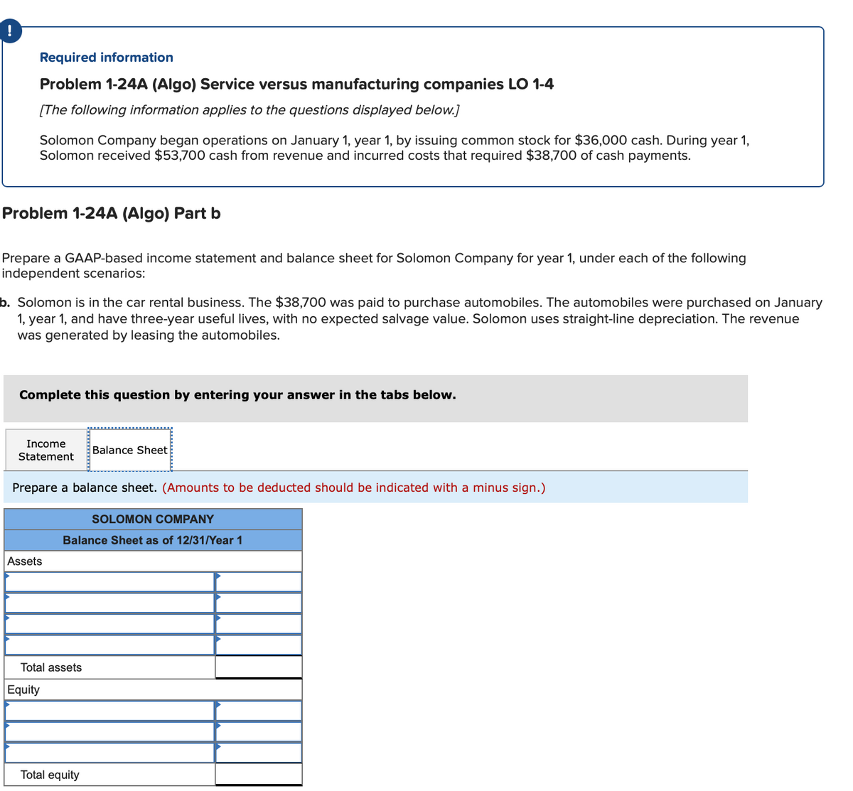 Required information
Problem 1-24A (Algo) Service versus manufacturing companies LO 1-4
[The following information applies to the questions displayed below.]
Solomon Company began operations on January 1, year 1, by issuing common stock for $36,000 cash. During year 1,
Solomon received $53,700 cash from revenue and incurred costs that required $38,700 of cash payments.
Problem 1-24A (Algo) Part b
Prepare a GAAP-based income statement and balance sheet for Solomon Company for year 1, under each of the following
independent scenarios:
b. Solomon is in the car rental business. The $38,700 was paid to purchase automobiles. The automobiles were purchased on January
1, year 1, and have three-year useful lives, with no expected salvage value. Solomon uses straight-line depreciation. The revenue
was generated by leasing the automobiles.
Complete this question by entering your answer in the tabs below.
Income
Statement
Prepare a balance sheet. (Amounts to be deducted should be indicated with a minus sign.)
Assets
Total assets
Equity
Balance Sheet
SOLOMON COMPANY
Balance Sheet as of 12/31/Year 1
Total equity