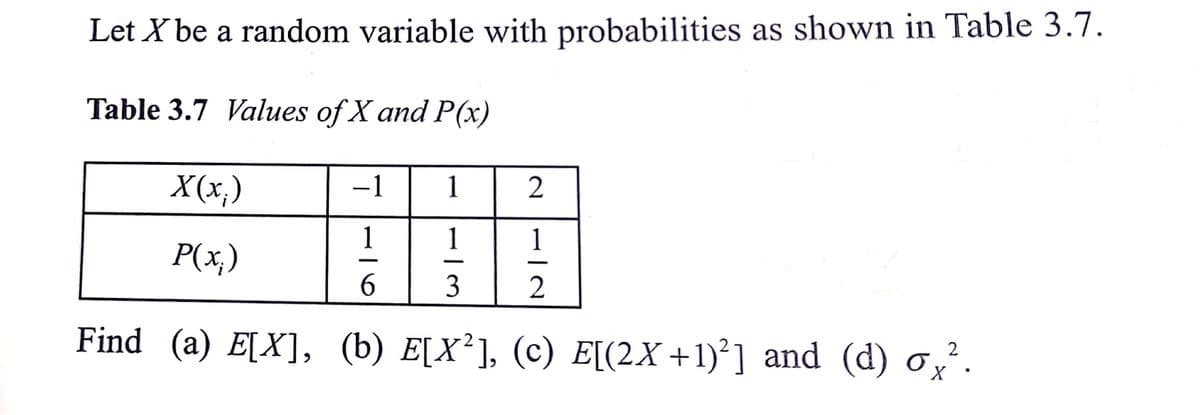 Let X be a random variable with probabilities as shown in Table 3.7.
Table 3.7 Values of X and P(x)
X(x;)
-1
1
P(x,)
1
1
6.
3
2
Find (a) EĻX], (b) E[X²], (c) E[(2X+1)²] and (d) o,.
