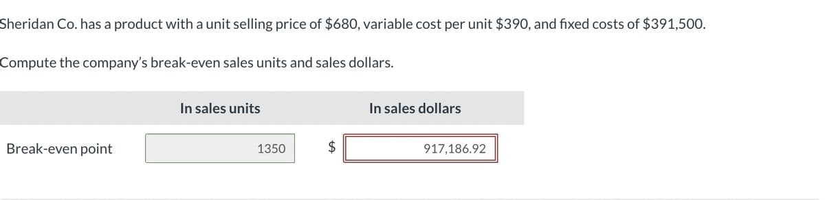 Sheridan Co. has a product with a unit selling price of $680, variable cost per unit $390, and fixed costs of $391,500.
Compute the company's break-even sales units and sales dollars.
Break-even point
In sales units
1350
LA
$
In sales dollars
917,186.92