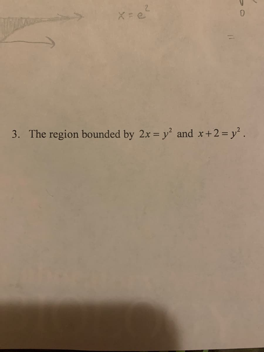 X= e
3. The region bounded by 2x = y² and x+2= y² .
2.
