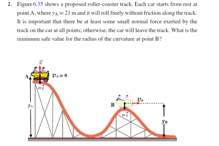2. Figure 6.35 shows a proposed roller-coaster track. Each car starts from rest at
point A, where yA =21 m and it will roll freely without friction along the track.
It is important that there be at least some small normal force exerted by the
track on the car at all points; otherwise, the car will leave the track. What is the
minimum safe value for the radius of the curvature at point B?
VA = 0
mg
VB
B I
YA
mg
Ув
