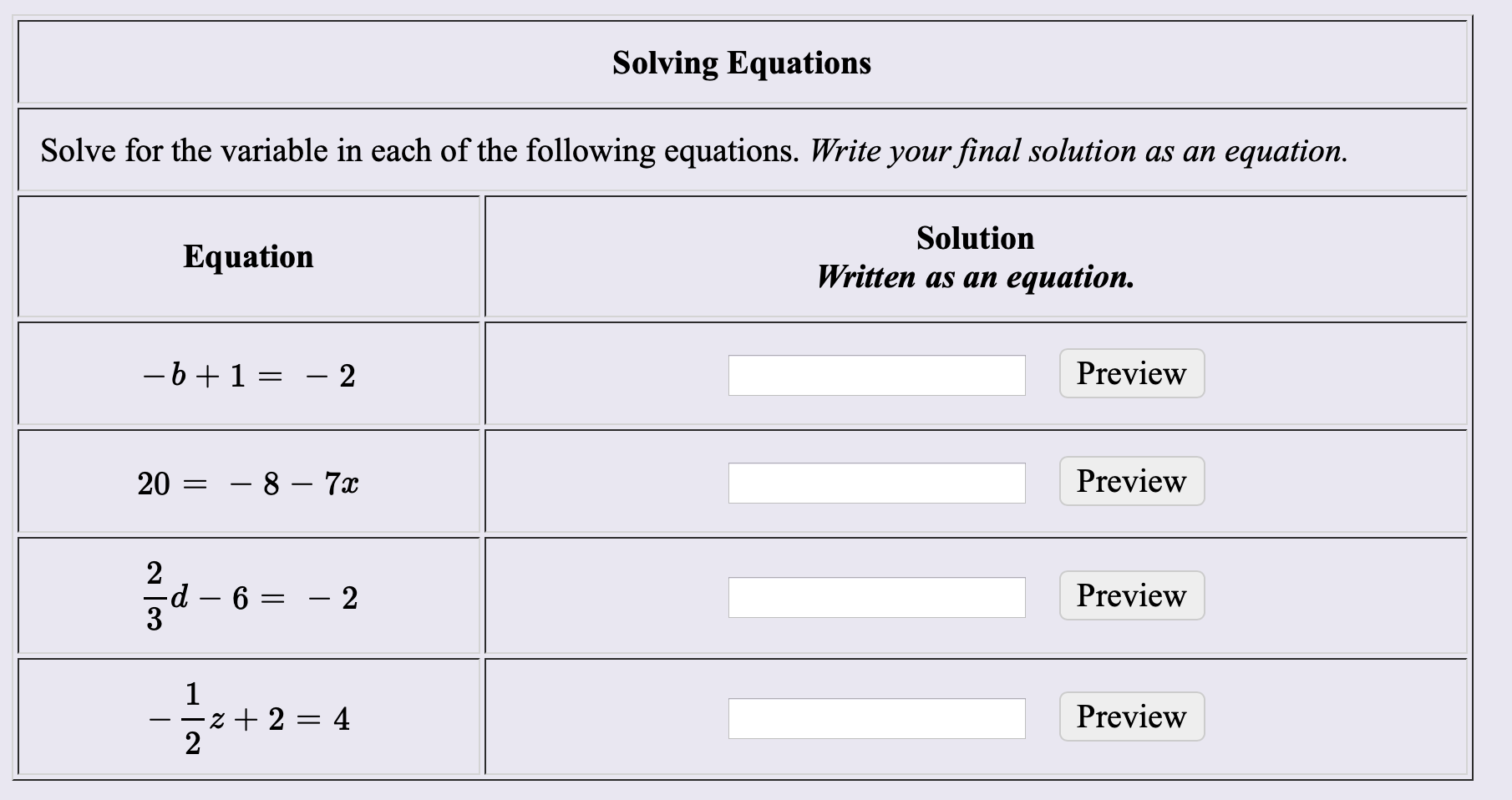 Solving Equations
Solve for the variable in each of the following equations. Write your final solution as an equation
Solution
Equation
Written as an
equation.
-b 1 =
Preview
2
Preview
- 8 - 7x
20
2
d
- 2
Preview
6
1
z 2 = 4
2
Preview
