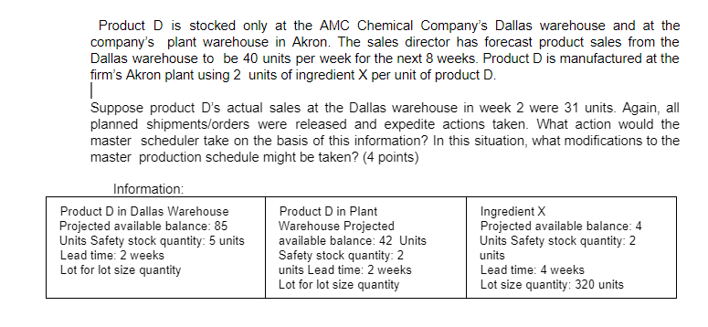 Product D is stocked only at the AMC Chemical Company's Dallas warehouse and at the
company's plant warehouse in Akron. The sales director has forecast product sales from the
Dallas warehouse to be 40 units per week for the next 8 weeks. Product D is manufactured at the
firm's Akron plant using 2 units of ingredient X per unit of product D.
Suppose product D's actual sales at the Dallas warehouse in week 2 were 31 units. Again, all
planned shipments/orders were released and expedite actions taken. What action would the
master scheduler take on the basis of this information? In this situation, what modifications to the
master production schedule might be taken? (4 points)
Information:
Ingredient X
Projected available balance: 4
Units Safety stock quantity: 2
units
Product D in Dallas Warehouse
Product D in Plant
Projected available balance: 85
Units Safety stock quantity: 5 units
Lead time: 2 weeks
Warehouse Projected
available balance: 42 Units
Safety stock quantity: 2
units Lead time: 2 weeks
Lot for lot size quantity
Lot for lot size quantity
Lead time: 4 weeks
Lot size quantity: 320 units
