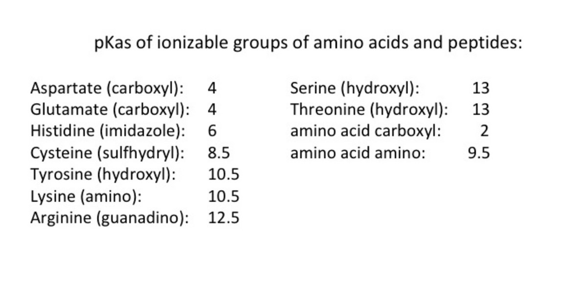 pKas of ionizable groups of amino acids and peptides:
Serine (hydroxyl):
Threonine (hydroxyl):
amino acid carboxyl:
amino acid amino:
Aspartate (carboxyl): 4
Glutamate (carboxyl): 4
Histidine (imidazole): 6
Cysteine (sulfhydryl): 8.5
Tyrosine (hydroxyl):
Lysine (amino):
10.5
10.5
Arginine (guanadino): 12.5
13
13
2
9.5
