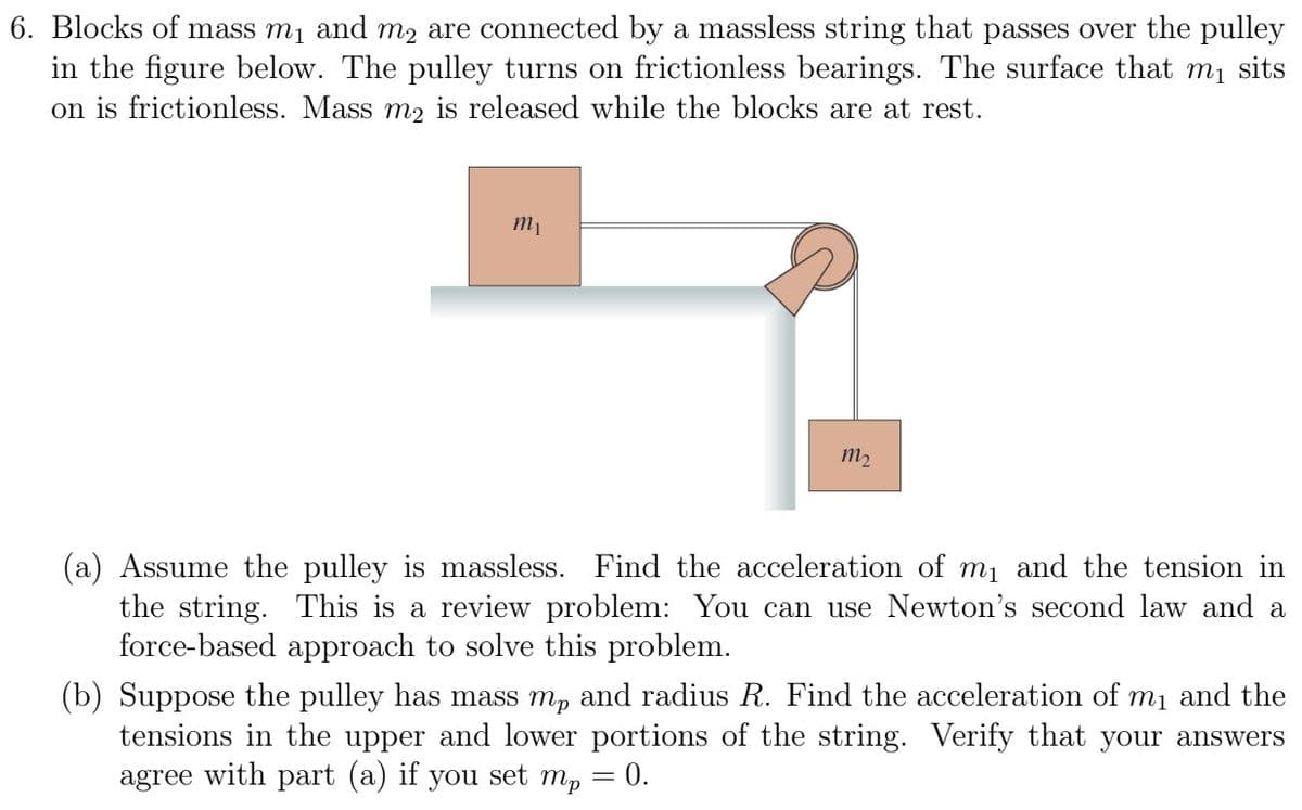 6. Blocks of mass m₁ and m₂ are connected by a massless string that passes over the pulley
in the figure below. The pulley turns on frictionless bearings. The surface that m₁ sits
on is frictionless. Mass m2 is released while the blocks are at rest.
m₁
m₂
(a) Assume the pulley is massless. Find the acceleration of m₁ and the tension in
the string. This is a review problem: You can use Newton's second law and a
force-based approach to solve this problem.
(b) Suppose the pulley has mass mp and radius R. Find the acceleration of m₁ and the
tensions in the upper and lower portions of the string. Verify that your answers
agree with part (a) if you set mp = 0.