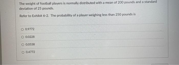 The weight of football players is normally distributed with a mean of 200 pounds and a standard
deviation of 25 pounds.
Refer to Exhibit 6-2. The probability of a player weighing less than 250 pounds is
O 0.9772
O 0.0228
O 0.0538
O 0.4772