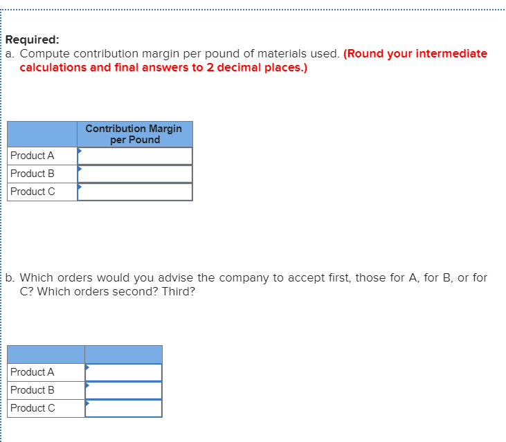 Required:
a. Compute contribution margin per pound of materials used. (Round your intermediate
calculations and final answers to 2 decimal places.)
Contribution Margin
per Pound
Product A
Product B
Product C
b. Which orders would you advise the company to accept first, those for A, for B, or for
C? Which orders second? Third?
Product A
Product B
Product C

