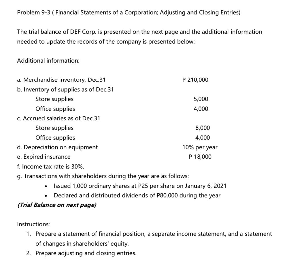 Problem 9-3 ( Financial Statements of a Corporation; Adjusting and Closing Entries)
The trial balance of DEF Corp. is presented on the next page and the additional information
needed to update the records of the company is presented below:
Additional information:
a. Merchandise inventory, Dec.31
P 210,000
b. Inventory of supplies as of Dec.31
Store supplies
5,000
Office supplies
4,000
c. Accrued salaries as of Dec.31
Store supplies
8,000
Office supplies
4,000
d. Depreciation on equipment
10% per year
e. Expired insurance
P 18,000
f. Income tax rate is 30%.
g. Transactions with shareholders during the year are as follows:
Issued 1,000 ordinary shares at P25 per share on January 6, 2021
Declared and distributed dividends of P80,000 during the year
(Trial Balance on next page)
Instructions:
1. Prepare a statement of financial position, a separate income statement, and a statement
of changes in shareholders' equity.
2. Prepare adjusting and closing entries.
