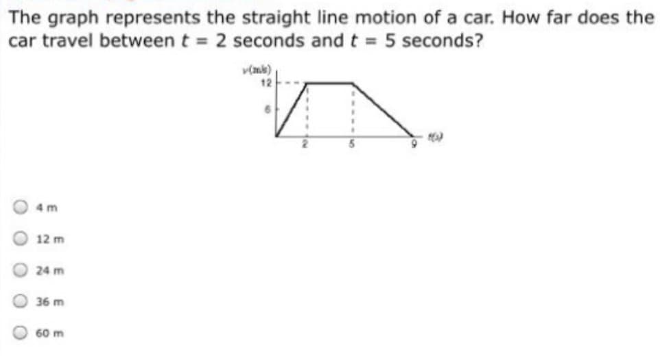 The graph represents the straight line motion of a car. How far does the
car travel between t = 2 seconds and t = 5 seconds?
v(mk)
12
4 m
12 m
24 m
36 m
60 m
