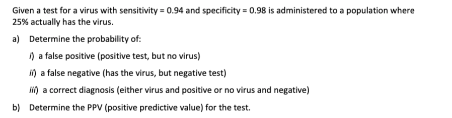 Given a test for a virus with sensitivity = 0.94 and specificity = 0.98 is administered to a population where
25% actually has the virus.
a) Determine the probability of:
i) a false positive (positive test, but no virus)
ii) a false negative (has the virus, but negative test)
iii) a correct diagnosis (either virus and positive or no virus and negative)
b) Determine the PPV (positive predictive value) for the test.