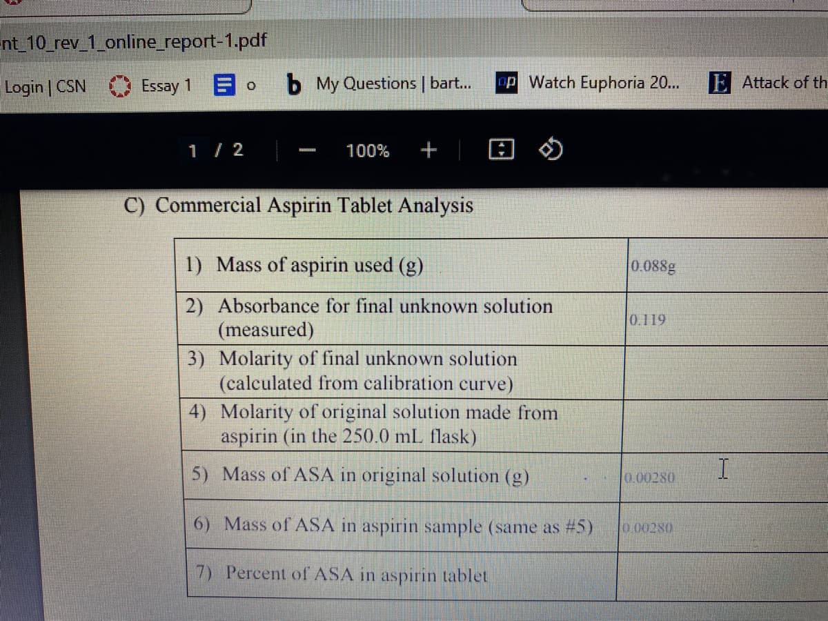nt_10 rev_1_online_report-1.pdf
Login | CSN
Essay 1 o
b My Questions||
mp Watch Euphoria 20...
E Attack of th
1 / 2
+
回の
100%
C) Commercial Aspirin Tablet Analysis
1) Mass of aspirin used (g)
0.088g
2) Absorbance for final unknown solution
(measured)
0.119
3) Molarity of final unknown solution
(calculated from calibration curve)
4) Molarity of original solution made from
aspirin (in the 250.0 mL flask)
5) Mass of ASA in original solution (g)
I
0.00280
6) Mass of ASA in aspirin sample (same as #5)
0.00280
7) Percent of ASA in aspirin tablet

