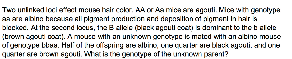 Two unlinked loci effect mouse hair color. AA or Aa mice are agouti. Mice with genotype
aa are albino because all pigment production and deposition of pigment in hair is
blocked. At the second locus, the B allele (black agouti coat) is dominant to the b allele
(brown agouti coat). A mouse with an unknown genotype is mated with an albino mouse
of genotype bbaa. Half of the offspring are albino, one quarter are black agouti, and one
quarter are brown agouti. What is the genotype of the unknown parent?
