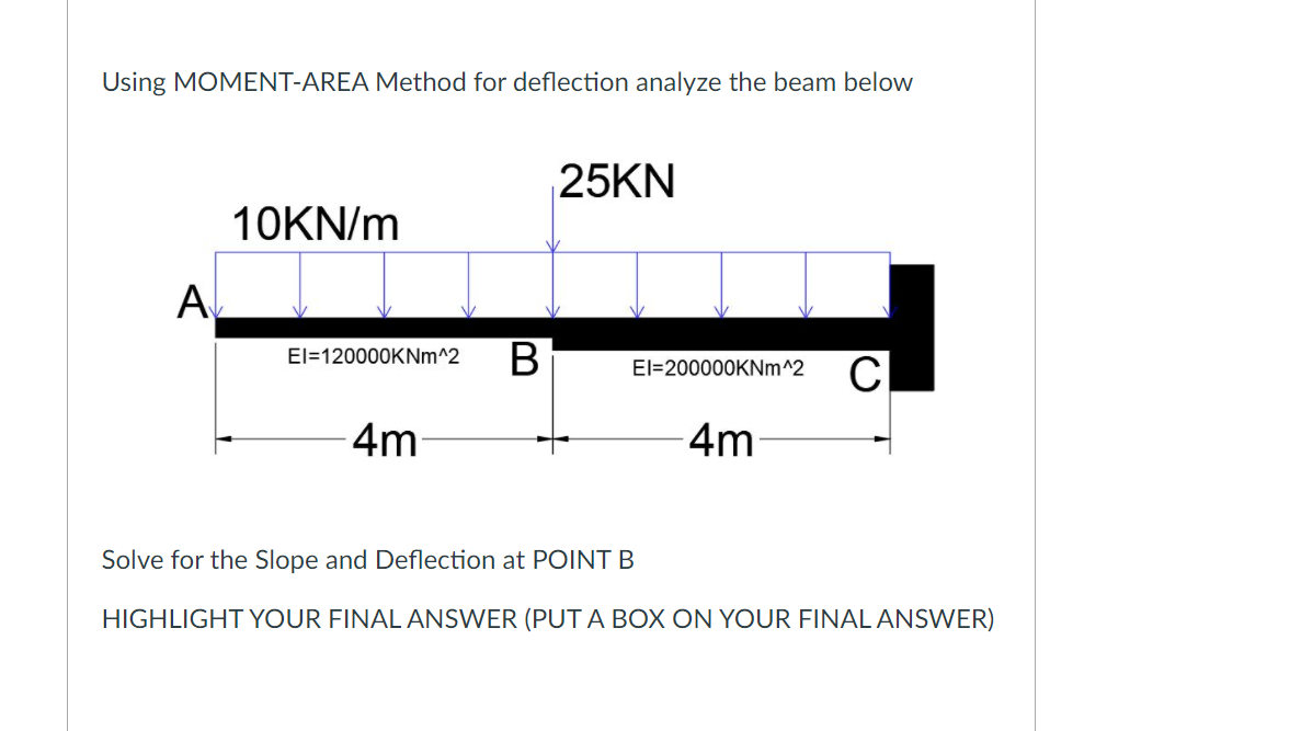 Using MOMENT-AREA Method for deflection analyze the beam below
25KN
10KN/m
A
El=120000KNM^2
El=200000KNM^2
4m
4m
Solve for the Slope and Deflection at POINT B
HIGHLIGHT YOUR FINAL ANSWER (PUT A BOX ON YOUR FINAL ANSWER)
