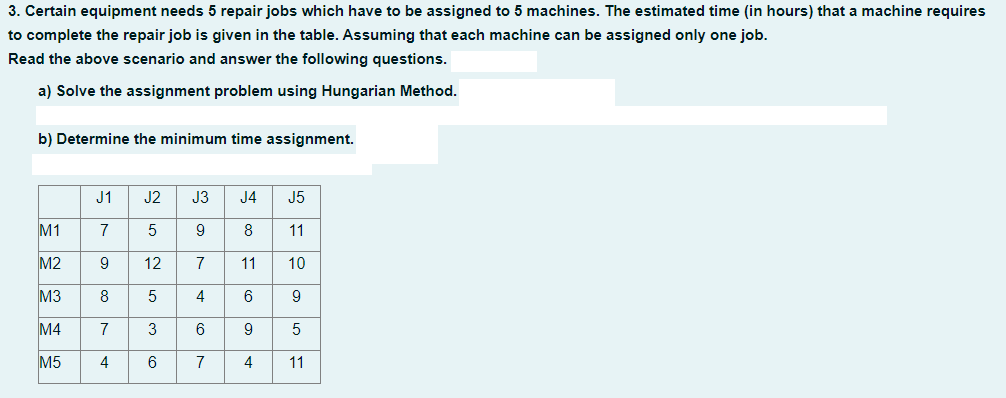 3. Certain equipment needs 5 repair jobs which have to be assigned to 5 machines. The estimated time (in hours) that a machine requires
to complete the repair job is given in the table. Assuming that each machine can be assigned only one job.
Read the above scenario and answer the following questions.
a) Solve the assignment problem using Hungarian Method.
b) Determine the minimum time assignment.
M1
M2
M3
M4
M5
J1
7
9
8
4
J2
5
12
5
ال
6
J3 J4 J5
9
8 11
7
11 10
4
6
9
6
9 5
7
4
11