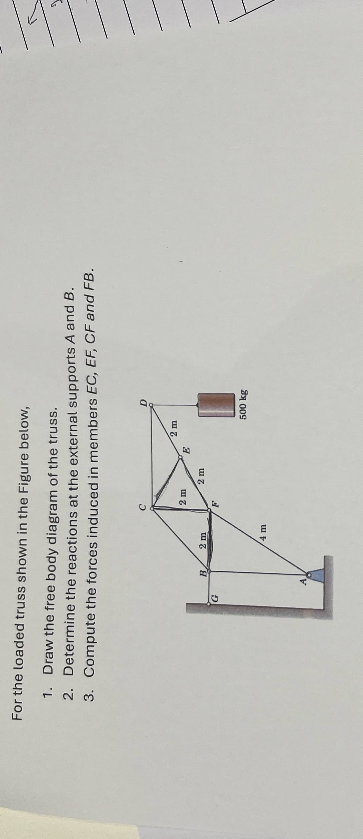For the loaded truss shown in the Figure below,
1. Draw the free body diagram of the truss.
2. Determine the reactions at the external supports A and B.
3. Compute the forces induced in members EC, EF, CF and FB.
C
2 m
E
2 m
B
2 m
4 m
2 m
500 kg
