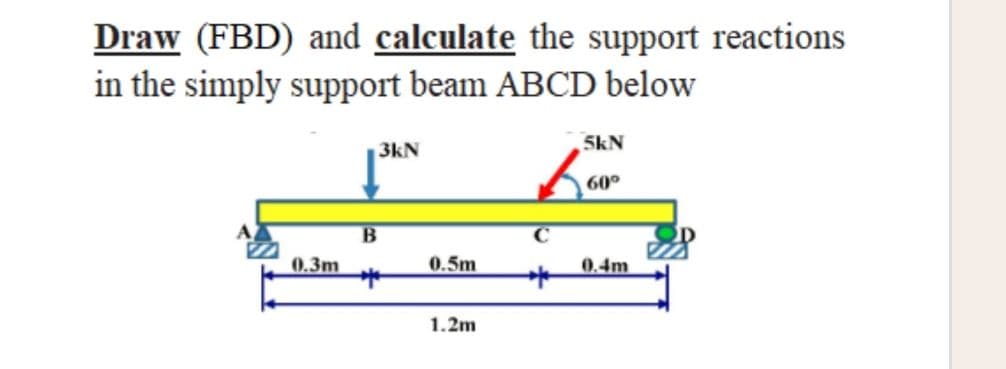 Draw (FBD) and calculate the support reactions
in the simply support beam ABCD below
3kN
5kN
60°
0.3m
0.4m
B
*
0.5m
1.2m
C
*