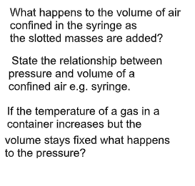 What happens to the volume of air
confined in the syringe as
the slotted masses are added?
State the relationship between
pressure and volume of a
confined air e.g. syringe.
If the temperature of a gas in a
container increases but the
volume stays fixed what happens
to the pressure?
