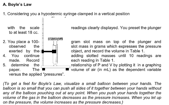 A. Boyle's Law
1. Considering you a hypodermic syringe clamped in a vertical position
with the scale
readings clearly displayed. You preset the plunger
to at least 18 cc.
gram slot mass on top of the plunger and
slot mass in grams which expresses the pressure
object, and record the volume in Table 1.
adding slotted masses until 10 readings are
each reading in Table 1.
relationship of P and V by plotting it in a graphing
volume of air (in mL) as the dependent variable
2. You place a 100-
observed
the
exerted by thec
4. You continue
made.
Record
5. determine the
The
раper.
versus the applied "pressures".
(To get a feel for Boyle's Law, visualize a small balloon between your hands. The
balloon is so small that you can push all sides of it together between your hands without
any of the balloon pouching out at any point. When you push your hands together the
volume of the gas in the balloon decreases as the pressure increases. When you let up
on the pressure, the volume increases as the pressure decreases.)
