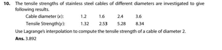 10. The tensile strengths of stainless steel cables of different diameters are investigated to give
following results.
Cable diameter (x):
1.6
2.4
3.6
1.2
1.32 2.53
Tensile Strength(y):
5.28
8.34
Use Lagrange's interpolation to compute the tensile strength of a cable of diameter 2.
Ans. 3.892
