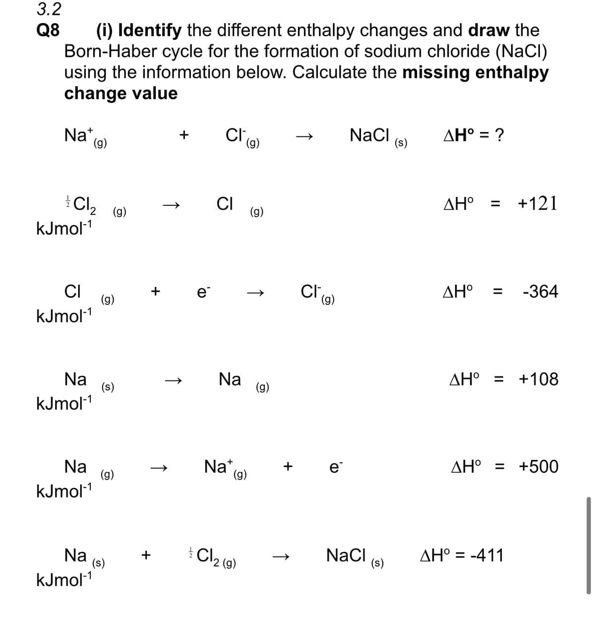 3.2
Q8
(i) Identify the different enthalpy changes and draw the
Born-Haber cycle for the formation of sodium chloride (NaCl)
using the information below. Calculate the missing enthalpy
change value
Nat
(g)
Cl₂
kJmol-1
CI
kJmol-1
Na
kJmol-¹
Na
kJmol-1
Na
kJmol-1
(g)
(g)
(s)
(g)
(s)
+
+
+
e
(D
CI
CI
Na
(g)
Cl2 (9)
(g)
↑
Na (9)
(g)
Cl (g)
e
NaCl
NaCl
(s)
(s)
ΔΗ° = ?
ΔΗ° = +121
ΔΗ° = -364
ΔΗ° +108
ΔΗ° = +500
ΔΗ° = -411