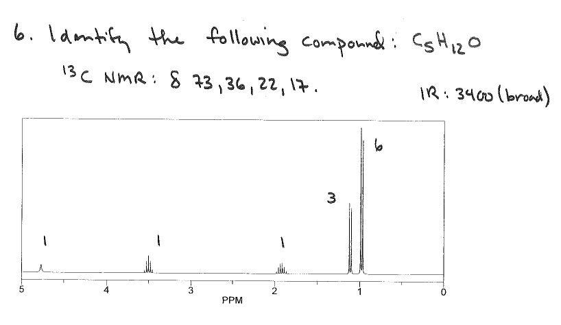 6. Identify the following compound: CSH₁₂0
13C NMR: 8 73, 36, 22,
3
PPM
ettle
-N
17.
2
3
6
IR: 3400 (broad)