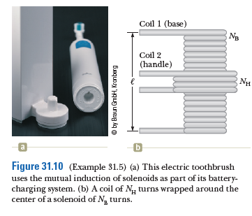 Coil 1 (base)
NB
Coil 2
(handle)
NH
a
Figure 31.10 (Example 31.5) (a) This electric toothbrush
uses the mutual induction of solenoids as part of its battery-
charging system. (b) A coil of Ng turns wrapped around the
center of a solenoid of N turns.
O by Braun GmbH, Kronberg
