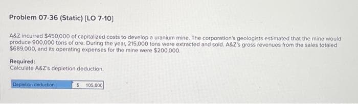 Problem 07-36 (Static) [LO 7-10]
A&Z incurred $450,000 of capitalized costs to develop a uranium mine. The corporation's geologists estimated that the mine would
produce 900,000 tons of ore. During the year, 215,000 tons were extracted and sold. A&Z's gross revenues from the sales totaled
$689,000, and its operating expenses for the mine were $200,000.
Required:
Calculate A&Z's depletion deduction.
Depletion deduction
$ 105,000