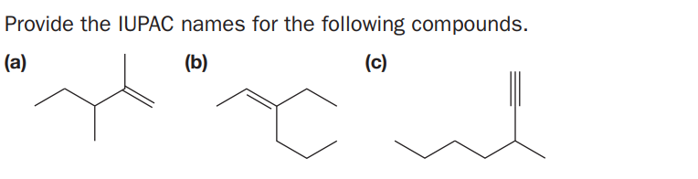 Provide the IUPAC names for the following compounds.
(a)
(b)
(c)
