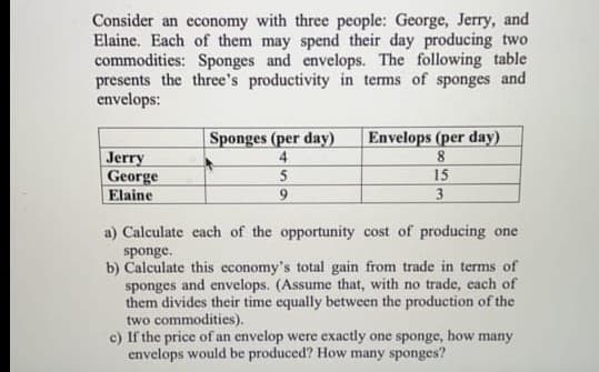 Consider an economy with three people: George, Jerry, and
Elaine. Each of them may spend their day producing two
commodities: Sponges and envelops. The following table
presents the three's productivity in terms of sponges and
envelops:
Envelops (per day)
8
15
3
Sponges (per day)
4
Jerry
George
Elaine
9.
a) Calculate each of the opportunity cost of producing one
sponge.
b) Calculate this economy's total gain from trade in terms of
sponges and envelops. (Assume that, with no trade, cach of
them divides their time equally between the production of the
two commodities).
c) If the price of an envelop were exactly one sponge,
envelops would be produced? How many sponges?
how
many
