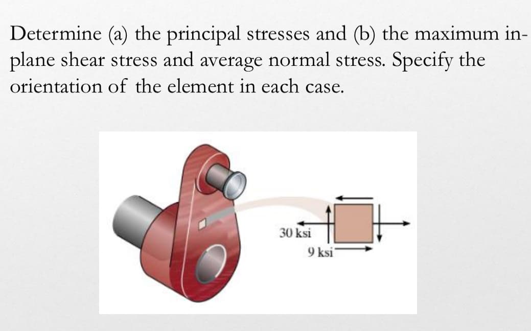 Determine (a) the principal stresses and (b) the maximum in-
plane shear stress and average normal stress. Specify the
orientation of the element in each case.
30 ksi
9 ksi