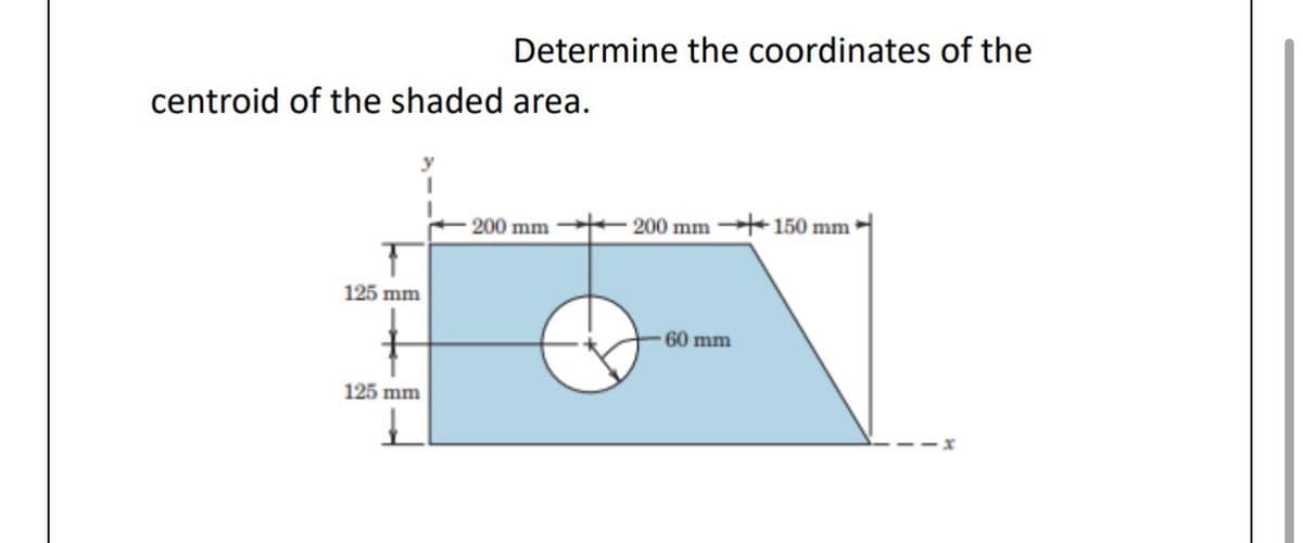 centroid of the shaded area.
125 mm
Determine the coordinates of the
125 mm
200 mm
200 mm 150 mm
60 mm