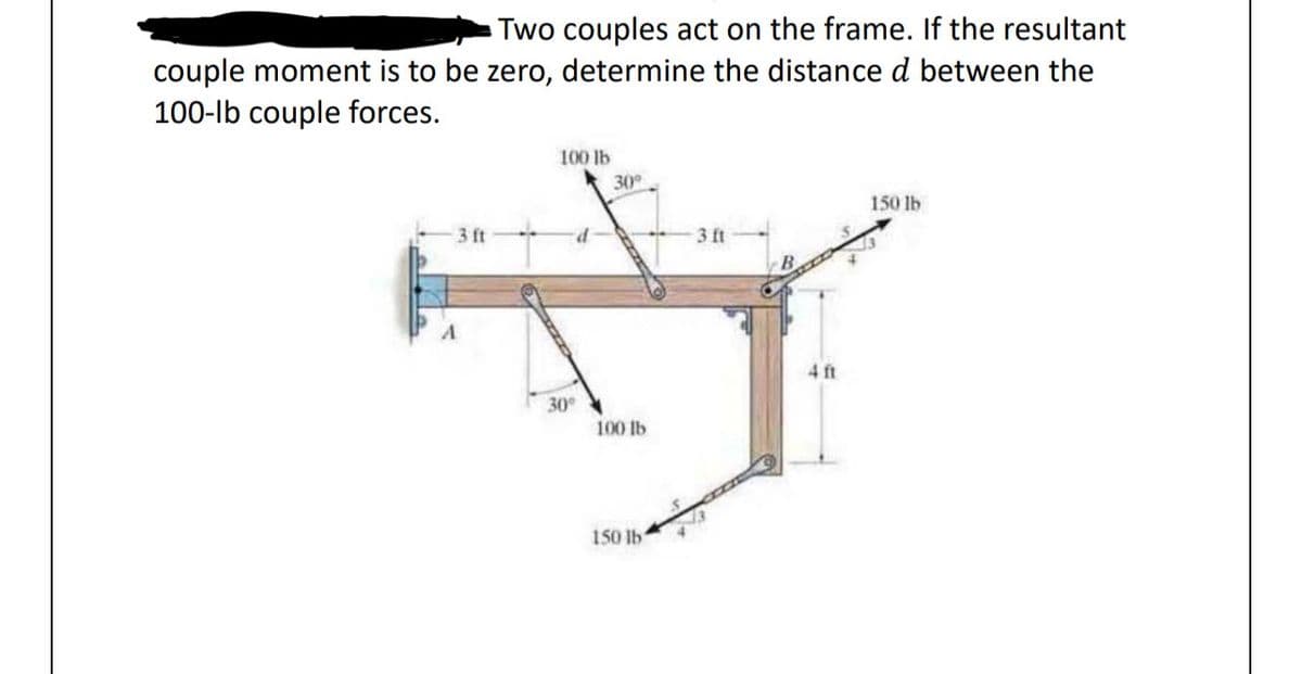 Two couples act on the frame. If the resultant
couple moment is to be zero, determine the distance d between the
100-lb couple forces.
3 ft
A
100 lb
30°
30°
100 lb
150 lb
3 ft
4 ft
150 lb