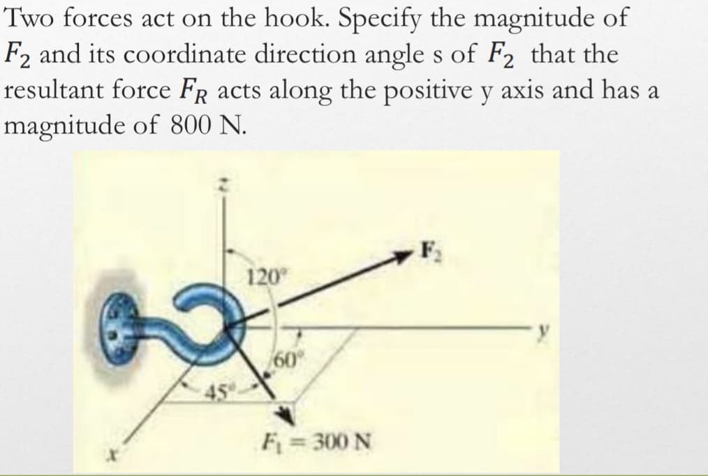 Two forces act on the hook. Specify the magnitude of
F2 and its coordinate direction angle s of F2 that the
resultant force FR acts along the positive y axis and has a
magnitude of 800 N.
120°
60%
F₁ = 300 N
F₂