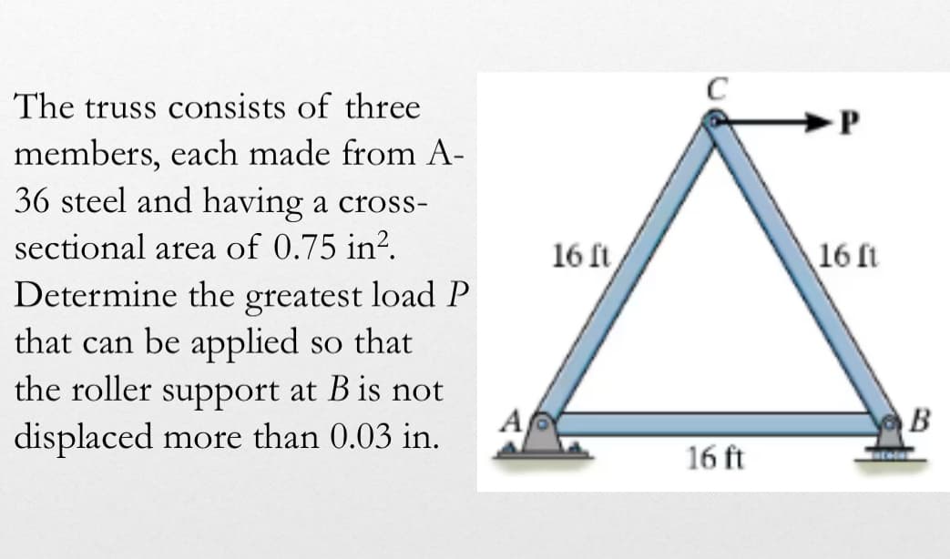 The truss consists of three
members, each made from A-
36 steel and having a cross-
sectional area of 0.75 in².
Determine the greatest load P
that can be applied so that
the roller support at B is not
displaced more than 0.03 in.
A
C
P
16 ft
16 ft
B
16 ft