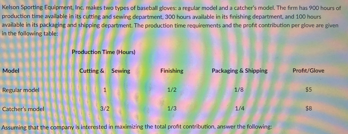 Kelson Sporting Equipment, Inc. makes two types of baseball gloves: a regular model and a catcher's model. The firm has 900 hours of
production time available in its cutting and sewing department, 300 hours available in its finishing department, and 100 hours
available in its packaging and shipping department. The production time requirements and the profit contribution per glove are given
in the following table:
Model
Regular model
Catcher's model
Production Time (Hours)
Cutting & Sewing
1
3/2
Finishing
1/2
1/3
Packaging & Shipping
1/8
1/4
Assuming that the company is interested in maximizing the total profit contribution, answer the following:
Profit/Glove
$5
$8
