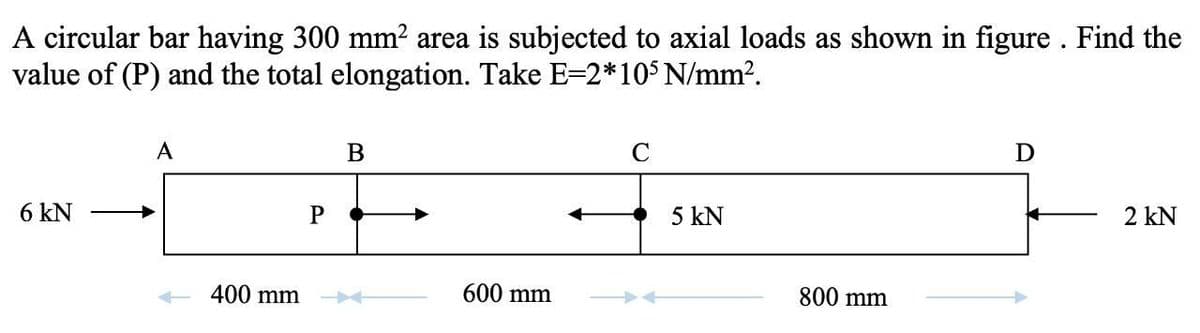 A circular bar having 300 mm2 area is subjected to axial loads as shown in figure . Find the
value of (P) and the total elongation. Take E=2*10$ N/mm?.
A
C
6 kN
P
5 kN
2 kN
400 mm
600 mm
800 mm
