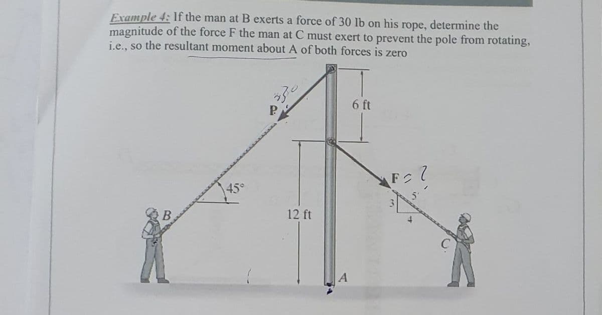 Example 4: If the man at B exerts a force of 30 Ib on his rope, determine the
magnitude of the force F the man at C must exert to prevent the pole from rotating,
ie., so the resultant moment about A of both forces is zero
6 ft
45°
12 ft
