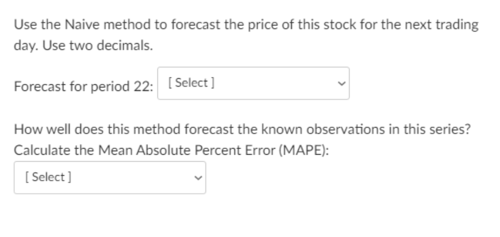 Use the Naive method to forecast the price of this stock for the next trading
day. Use two decimals.
Forecast for period 22: [ Select]
How well does this method forecast the known observations in this series?
Calculate the Mean Absolute Percent Error (MAPE):
[
[ Select ]

