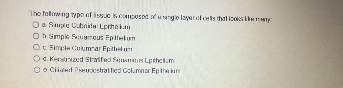 The following type of tissue is composed of a single layer of cells that looks like many:
O a. Simple Cuboidal Epithelium
b. Simple Squamous Epithelium
O c. Simple Columnar Epithelium
d. Keratinized Stratified Squamous Epithelium
e. Ciliated Pseudostratified Columnar Epithelium