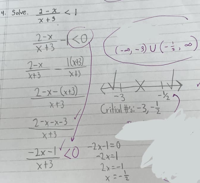 4. Solve.
2-X < 1
x + 3
23 kg (1-3-9U)
2-x
X+3
1(x+3)
x+3
2-x
X+3
2-x-(x+3)
*+3
2-x-x-3
x+3
(-∞, -3) U ( - 11, ∞)
x+3
/+
-3
Critical #'s: -3, -
✓
-2x-1²-20-2x-1=0
-2x=1
2x=-1₁
x= - 12/20
H
- ½/2₂21