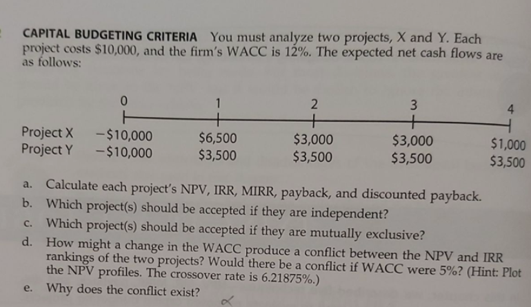 CAPITAL BUDGETING CRITERIA You must analyze two projects, X and Y. Each
project costs $10,000, and the firm's WACC is 12%. The expected net cash flows are
as follows:
1
2
4
Project X
Project Y
-$10,000
-$10,000
$6,500
$3,500
$3,000
$3,500
$3,000
$3,500
$1,000
$3,500
Calculate each projecť's NPV, IRR, MIRR, payback, and discounted payback.
b. Which project(s) should be accepted if they are independent?
c. Which project(s) should be accepted if they are mutually exclusive?
a.
с.
How might a change in the WACC produce a conflict between the NPV and IRR
rankings of the two projects? Would there be a conflict if WACC were 5%? (Hint: Plot
the NPV profiles. The crossover rate is 6.21875%.)
e. Why does the conflict exist?
