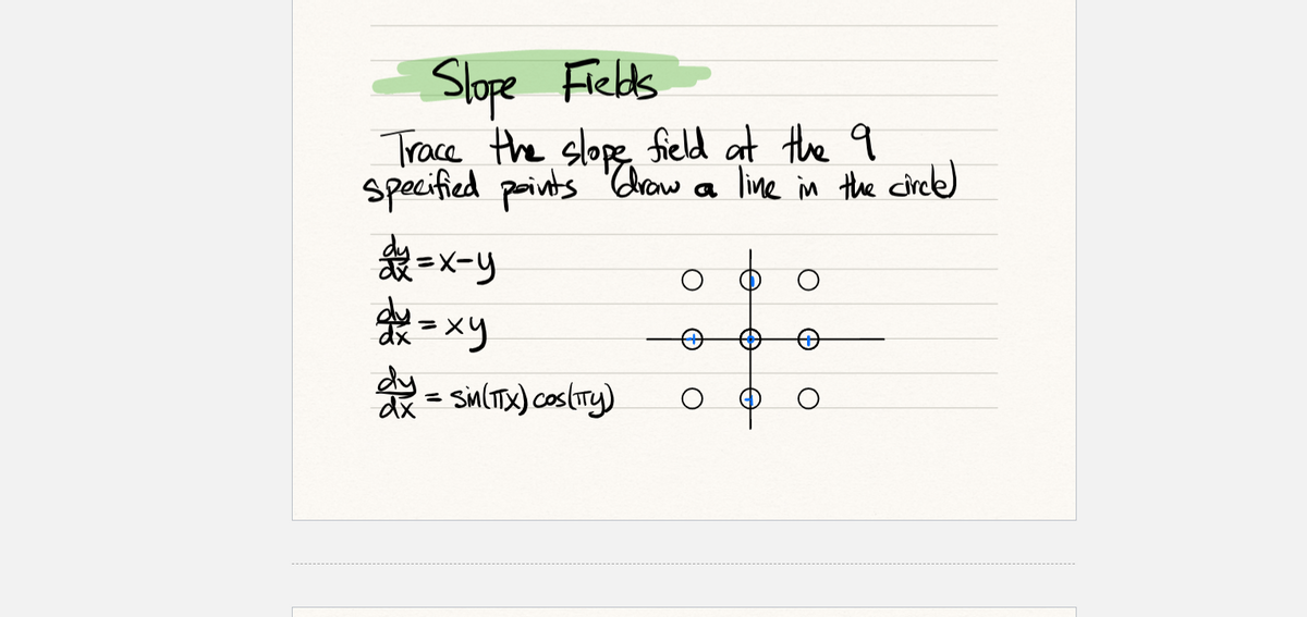 Slope Fields
Trace the slope field at the 9
specified points draw a line in the circle)
dy=x-Y
dx= xy
dx = Sim (TTX) cos(ITY)
O