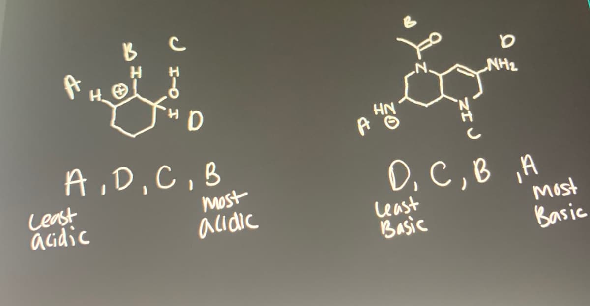 NH2
HN
A,D,C,B
Ceast
aidic
D, C,B ,A
most
acidic
Least
Basic
Most
Basic
