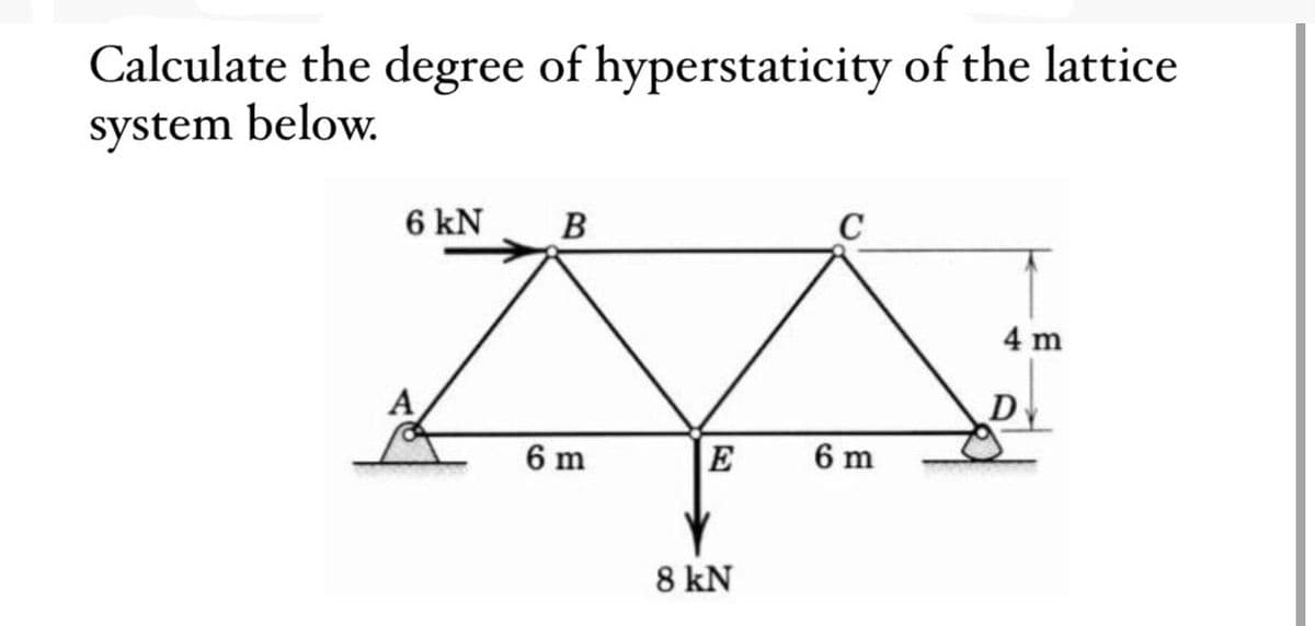 Calculate the degree of hyperstaticity of the lattice
system below.
6 kN
B
C
4 m
A
6 m
E
6 m
8 kN
