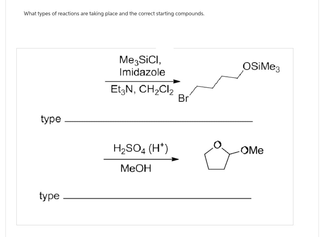 What types of reactions are taking place and the correct starting compounds.
Me3SICI,
Imidazole
Et3N, CH2Cl2
Br
OSiMe3
type
H2SO4 (H*)
OMe
type
MeOH