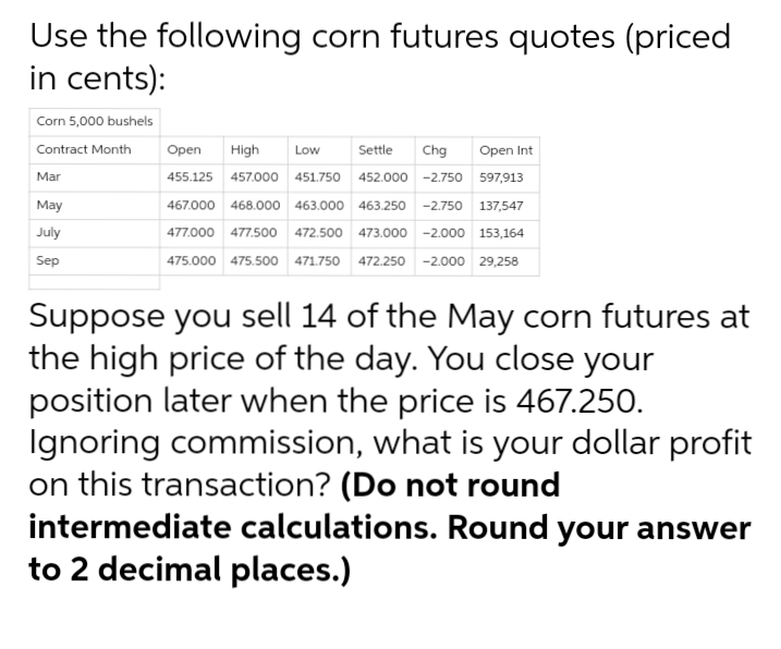 Use the following corn futures quotes (priced
in cents):
Corn 5,000 bushels
Contract Month
Mar
May
July
Sep
Open High Low Settle Chg Open Int
455.125 457.000 451.750 452.000 -2.750 597,913
467.000 468.000 463.000 463.250 -2.750 137,547
477.000 477.500 472.500 473.000 -2.000 153,164
475.000 475.500 471.750 472.250 -2.000 29,258
Suppose you sell 14 of the May corn futures at
the high price of the day. You close your
position later when the price is 467.250.
Ignoring commission, what is your dollar profit
on this transaction? (Do not round
intermediate calculations. Round your answer
to 2 decimal places.)