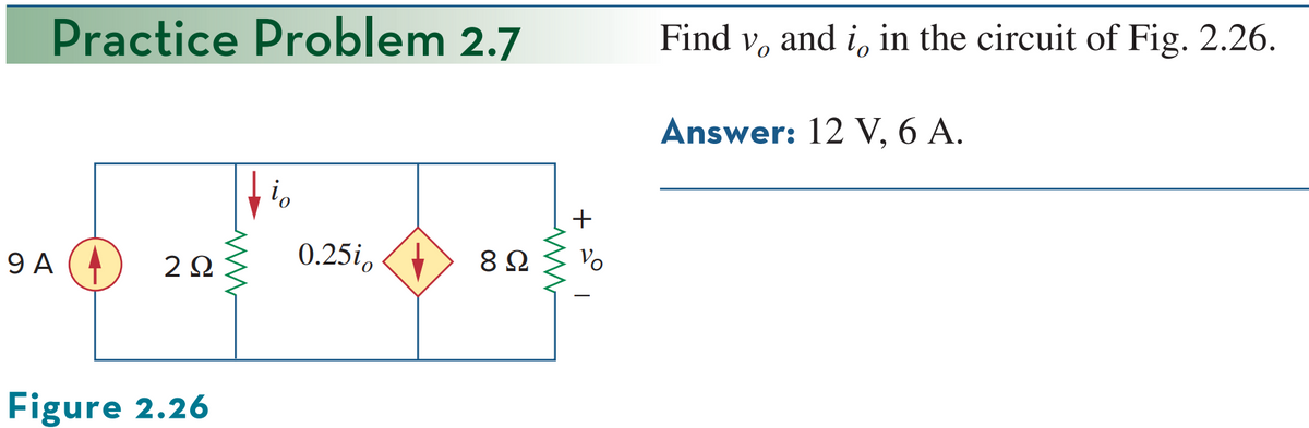 Practice Problem 2.7
9 A
io
2Ω
ਅਤੇ ਅਤੇ
0.25io
8 Ω
Figure 2.26
+
Vo
Find vand i in the circuit of Fig. 2.26.
Answer: 12 V, 6 A.