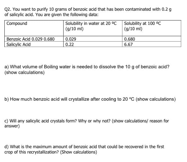 Q2. You want to purify 10 grams of benzoic acid that has been contaminated with 0.2 g
of salicylic acid. You are given the following data:
Solubility in water at 20 °C Solubility at 100 °C
(g/10 ml)
Compound
(g/10 ml)
Benzoic Acid 0.029 0.680
Salicylic Acid
0.029
0.22
0.680
6.67
a) What volume of Boiling water is needed to dissolve the 10 g of benzoic acid?
(show calculations)
b) How much benzoic acid will crystallize after cooling to 20 °C (show calculations)
c) Will any salicylic acid crystals form? Why or why not? (show calculations/ reason for
answer)
d) What is the maximum amount of benzoic acid that could be recovered in the first
crop of this recrystallization? (Show calculations)
