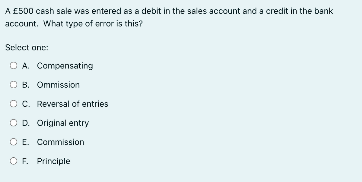 A £500 cash sale was entered as a debit in the sales account and a credit in the bank
account. What type of error is this?
Select one:
A. Compensating
B. Ommission
C. Reversal of entries
O D. Original entry
E. Commission
O F. Principle