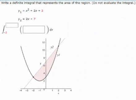 Write a definite integral that represents the area of the region. (Do not evaluate the integral.)
Y, - x2 + 2x + 3
Y2 = 2x + 7
dx
12
12
10-
